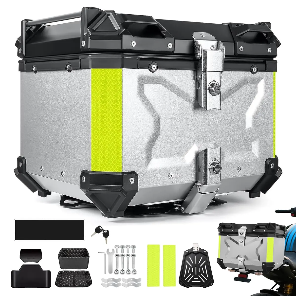 Baú Traseiro Moto Alumínio 45 Litros con Suporte Universal E Base Impermeável, Case Maletero De Aluminio Para Moto, Reforçado Seguro Bagageiro Universal Top Case (Prata) - 1