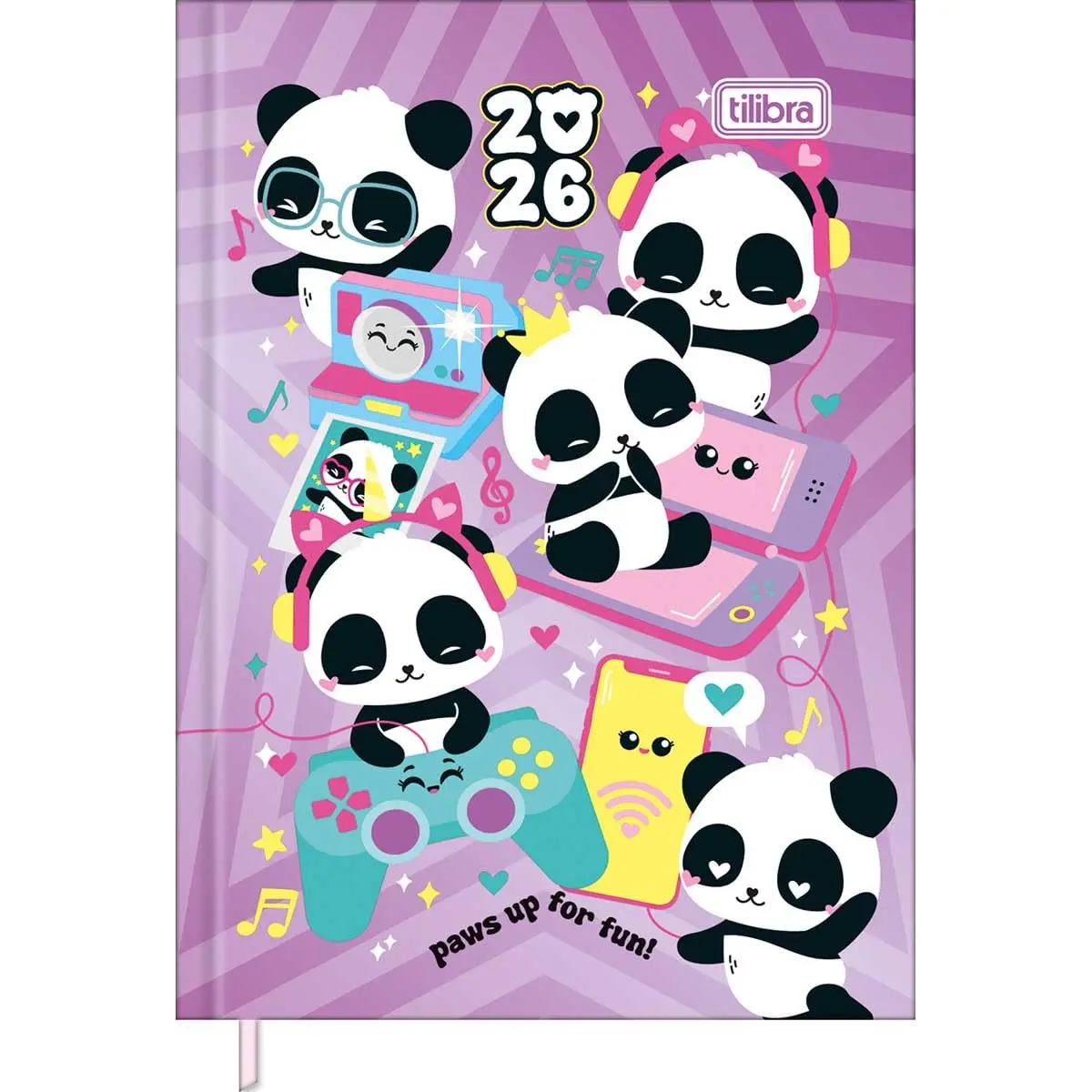 Tilibra - Agenda Costurada Mini 7,8 x 10,8 cm Lovely Friend 2026 - Pandas - Fundo Roxo Vídeogame - 1