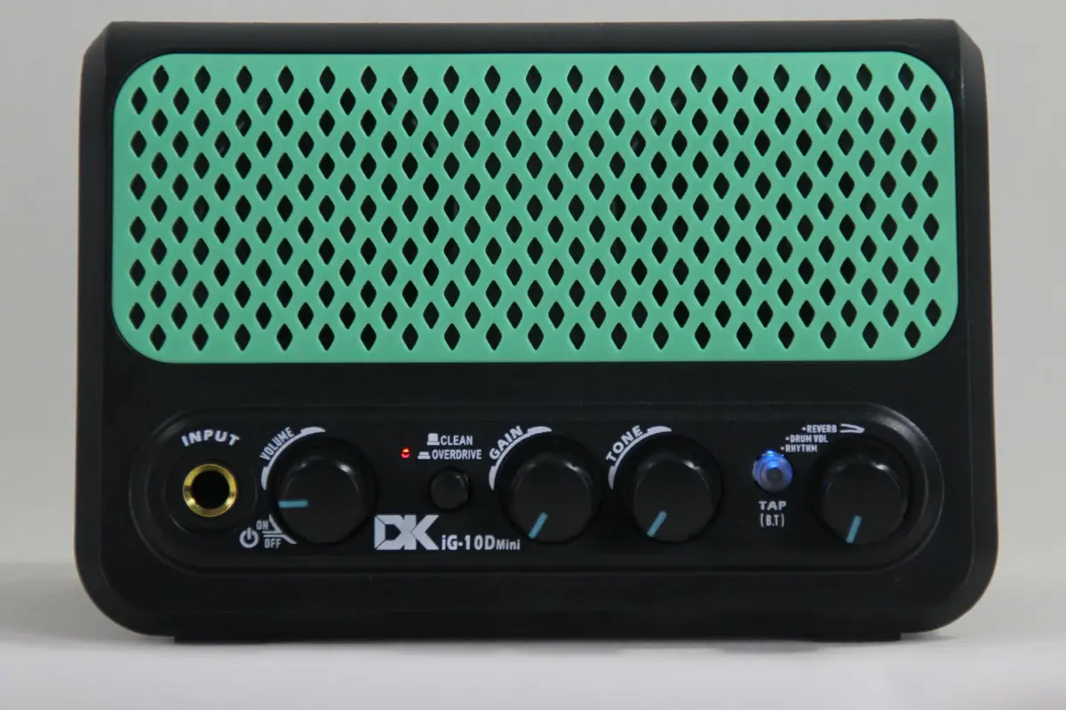 VEDO Alto-falante compacto de 10W,Amplificador Guitarra Portátil com Bateria Eletrônica 30 Ritmos Bluetooth Alto-Falante Duplo Recarregável USB-C Modos Clean/Overdrive e Entradas AUX/Fone Prática