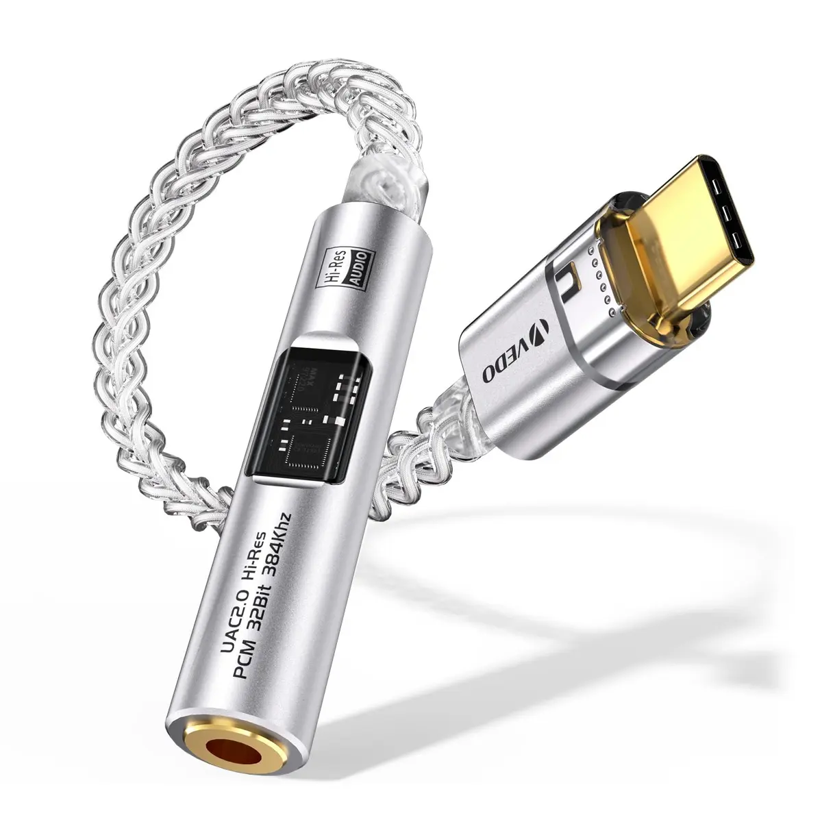VEDO Adaptador de áudio USB-C para 3,5 mm com chip duplo CX31993 MAX97220 DAC e amplificador HiFi, dongle USB-C para fones de ouvido com entrada auxiliar (prateado)