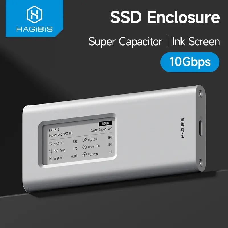 Case Externo de Alumínio Hagibis M.2 NVMe SSD com Tela E-Ink 10Gbps para SSDs 2230/2242/2260/2280