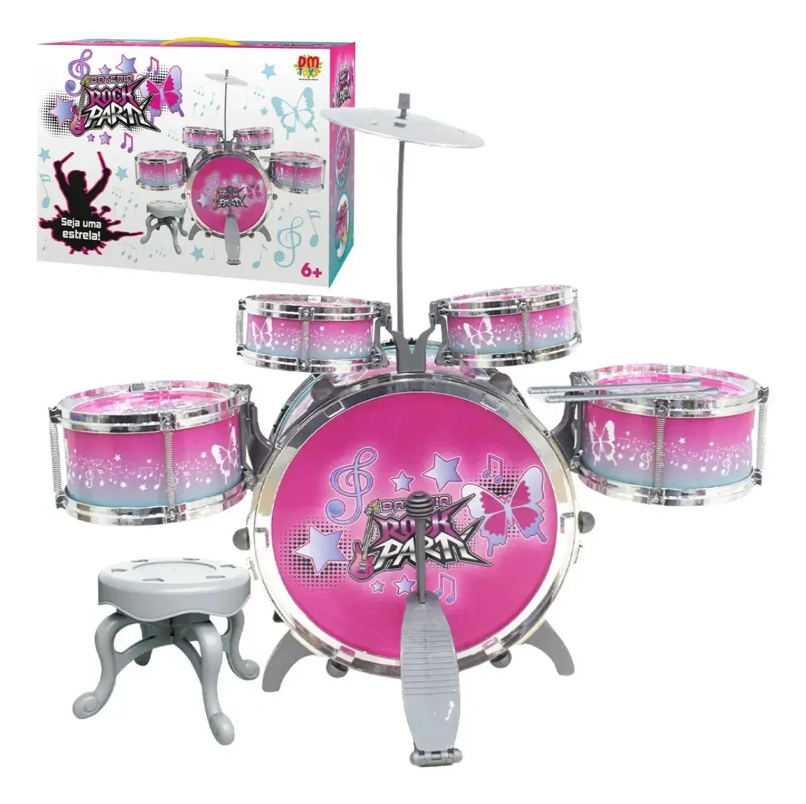 Bateria Infantil Rock Party Instrumento Musical Rosa DM Toys DMT6066RS