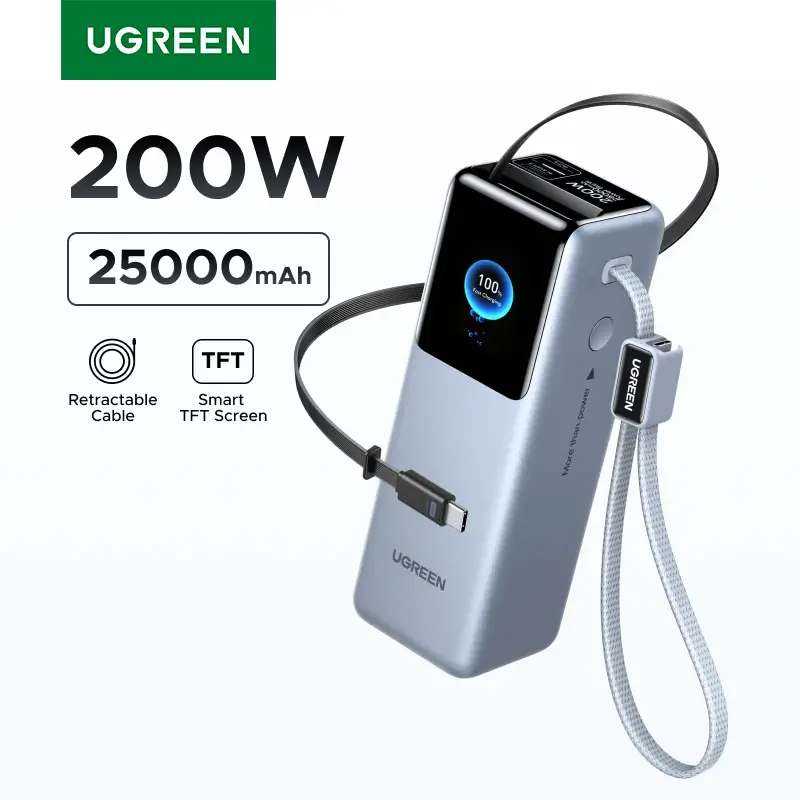 UGREEN Nexode Pro 200W 25000mAh Power Bank com Cabos Retráteis, Bateria Externa Portátil PD para Carregamento Rápido de Laptop