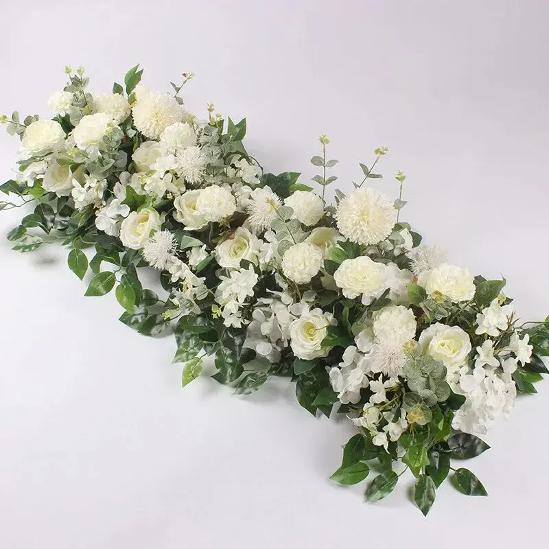Fileira de flores artificiais para mesa de casamento, rosa branca, parede floral, decoração de arcos, palco de festas, luxo, 100cm
