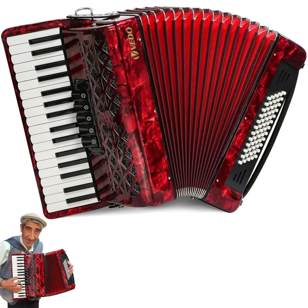VEDO Acordeon Profissional 34 Teclas, com 60 Teclas Baixo, 5 Teclas Variáveis, Terceira voz, Acordeão Avançado, Adequado Para Adultos Amantes da Música, Orquestra, Maple e Molas Alemãs, Vermelho