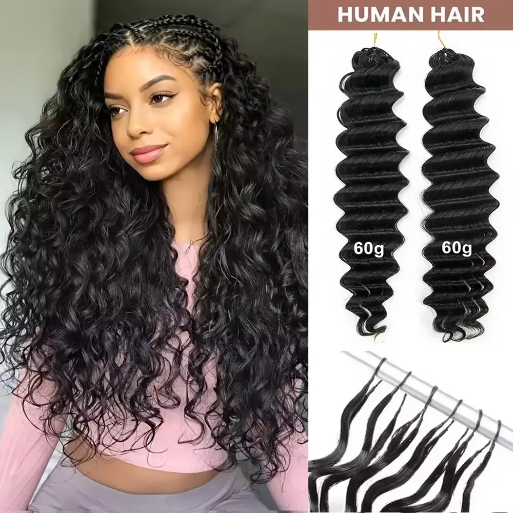 Cabelo Humano 300g, Cabelo de Crochê com Nós Milagrosos, Cabelo de Crochê com Efeito de Pena 60g/unidade, Cabelo Humano de Crochê Ondulado Profundo, Extensões de Cabelo para Tranças Sem Nós