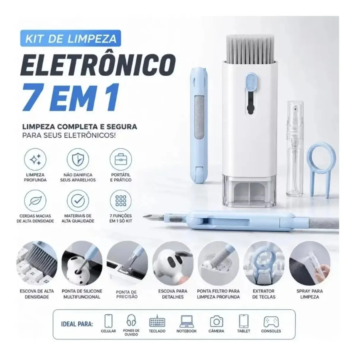 Kit Limpeza Celular Teclado Pc Notebook Escova Macia Limpa câmera Pincel Limpador Multiuso Fone De Ouvido Tablet Headset 8 Em 1 Eletrônicos Gadgets Portátil Multifuncional Eficiente LVC FAMILY thumbnail 8