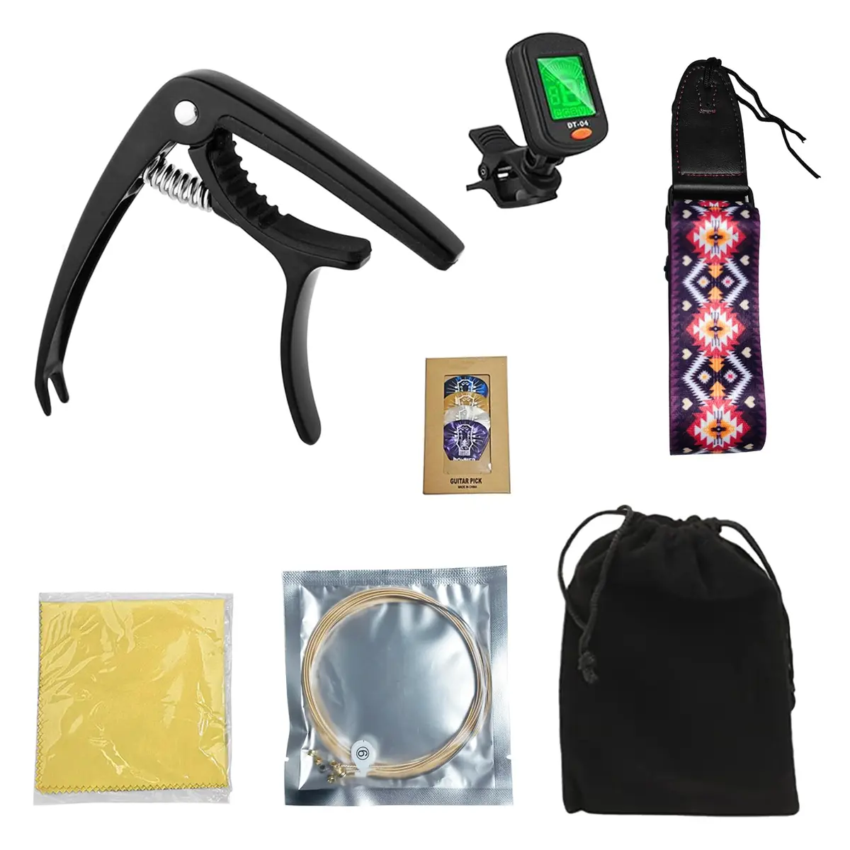 VEDO Kit de Acessórios para Violão Folk – Conjunto Completo com Capô, Afinador, Correia, Cordas, Palhetas, Pano de Limpeza e Bolsa Portátil – Ideal para Iniciantes