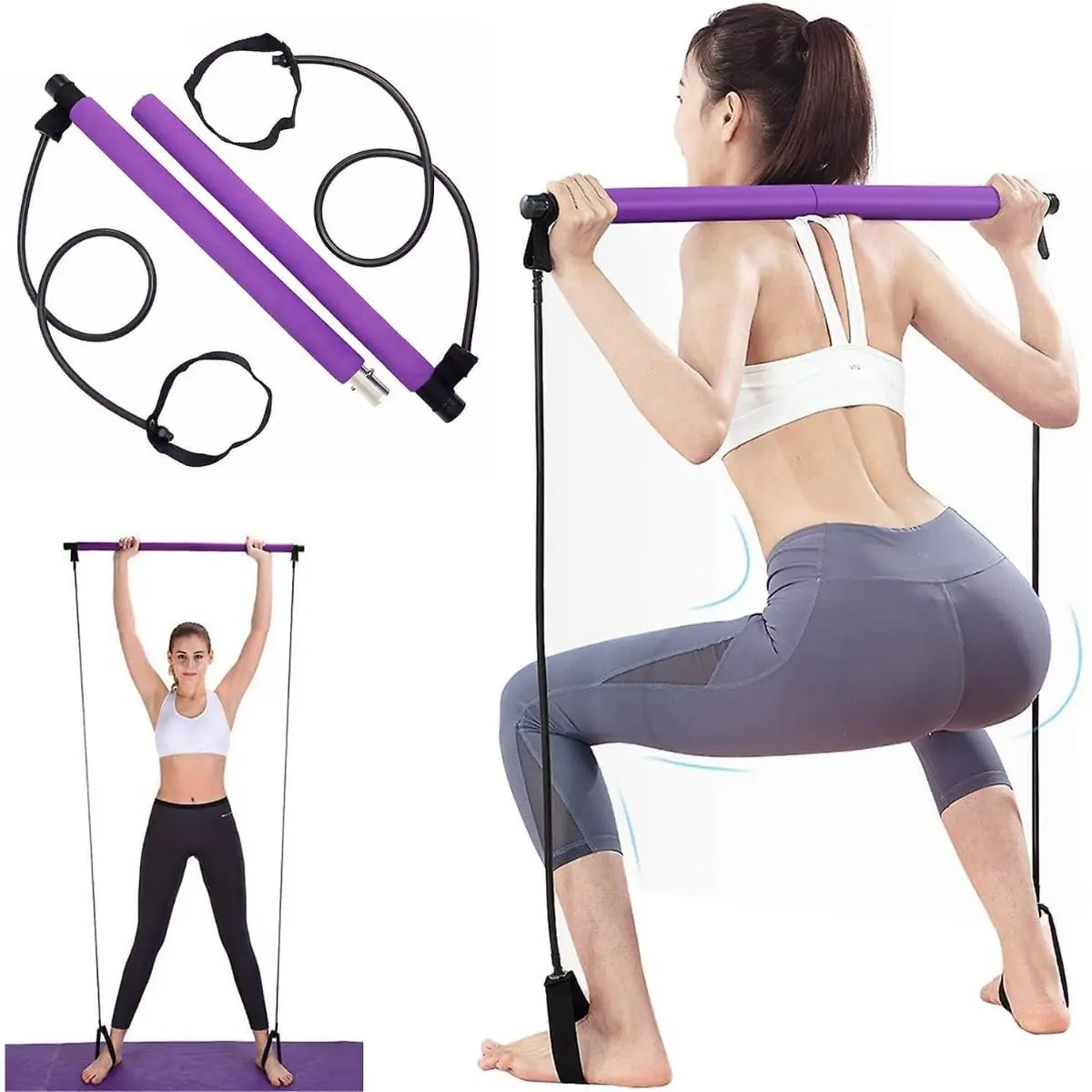 Kit Barra de Pilates Portátil com Elásticos Exercício Pilates Yoga Treino para Pernas Quadril Cintura Braço Equipamento de Exercícios de Agachamento para Exercícios em casa Kit de Barra Premium