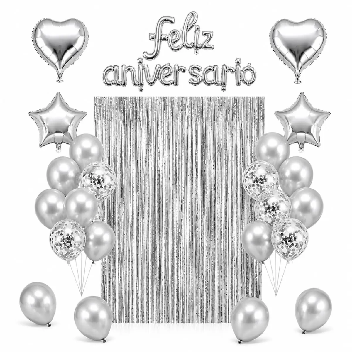 Kit Feliz Aniversário 26 Peças com Balões Cortina e Letreiro Prata | Inclui cortina metalizada, balões e letreiro luminoso. Decoração completa para festa
