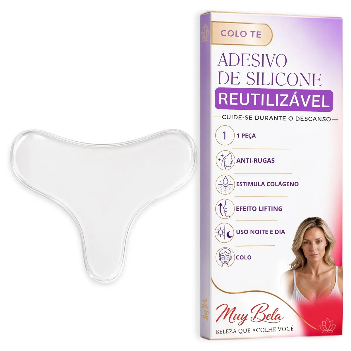 Adesivo Anti Rugas Colo e Decote Silicone Reutilizável 30x – Efeito Lifting Enquanto Dorme Reduz Marcas Entre os Seios Patch Formato T Muy Bela