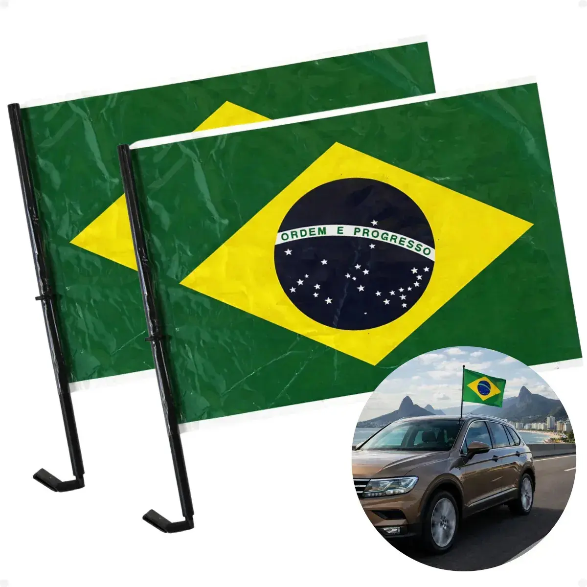 Kit 2 Bandeira Brasil Janela De Carro Com Haste Para Veiculo Veicular Carro Brasil - 1