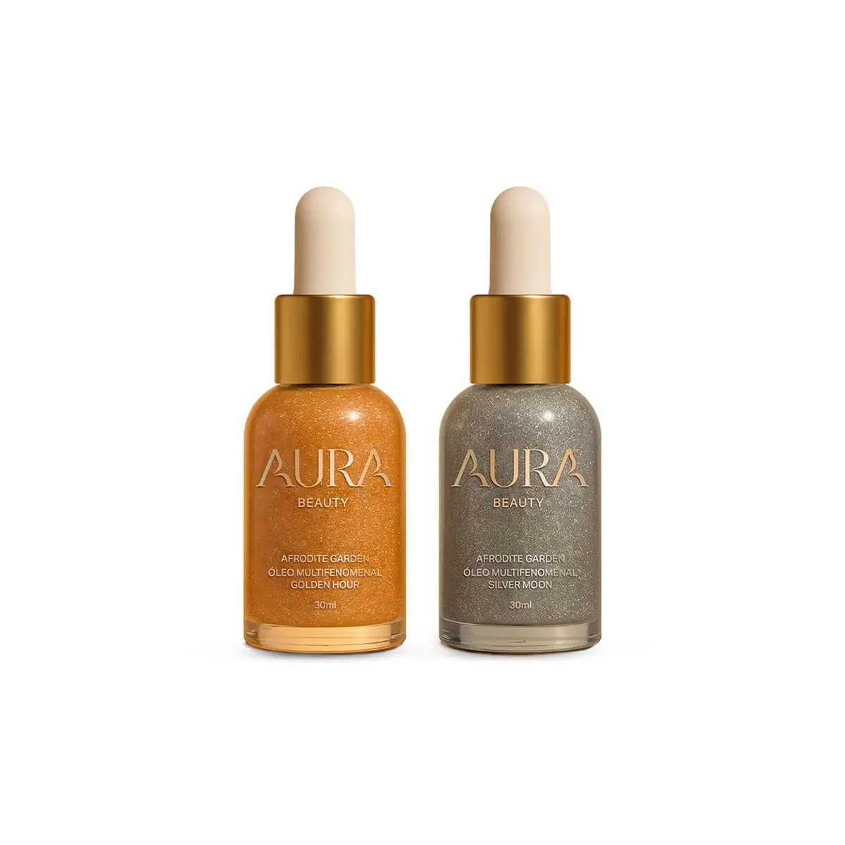 Duo Óleo Iluminador Aura Beauty Afrodite Garden, Dourado Prata, 2x30ml | Multifenomenal, Jade Picon, Rápida Absorção