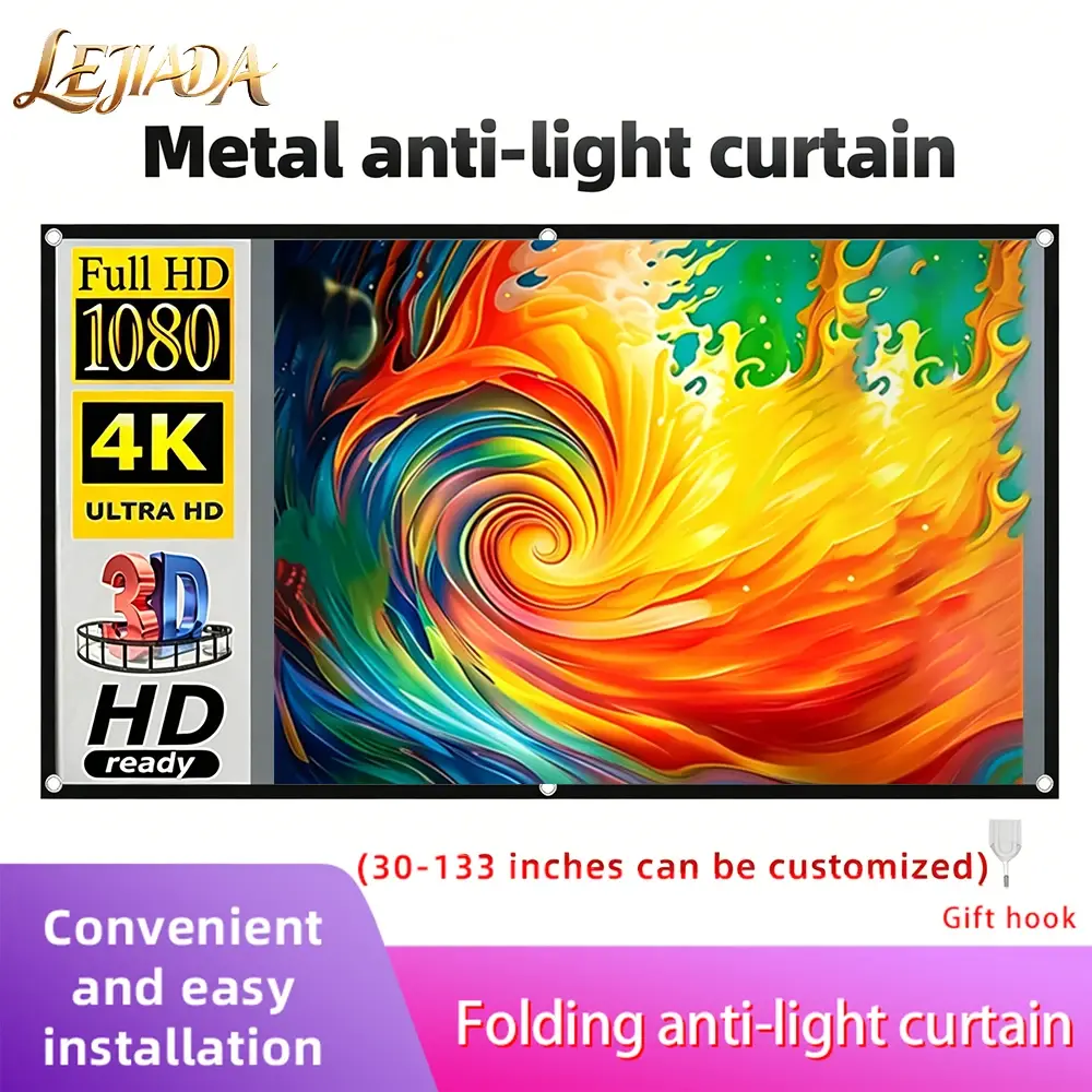 Tela de Projetor Anti-Luz LEJIADA Nova 16:9 com Borda Preta e Furos em Metal Cinza Portátil ±30 ° Ângulo de Visão Amplo para Casa 60-133 Polegadas - 1