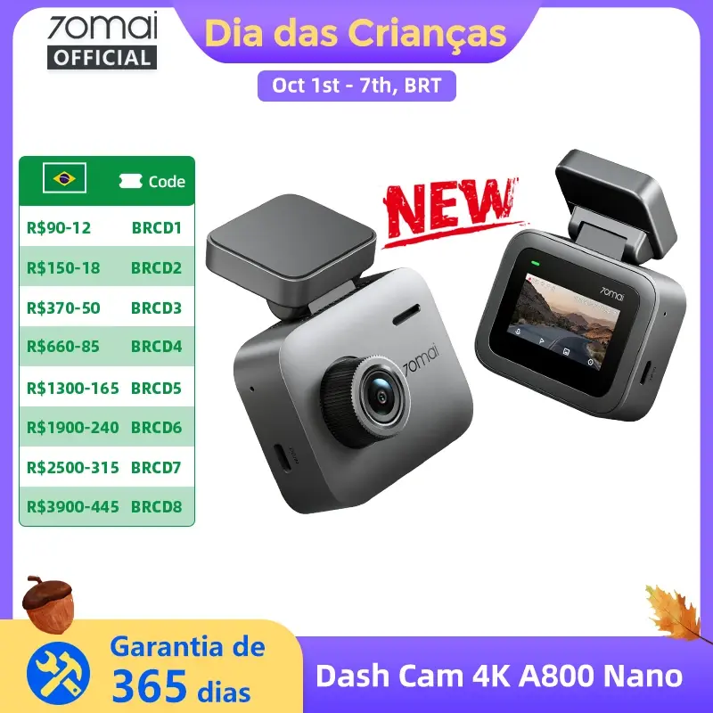 Câmera de painel 70Mai A800 Nano True 4K HDR com 140 ° Câmera Veicular Fov, Abertura F1.55, Wi-Fi 6, Supercondensador, 70Mai A800, Corpo Nano Compacto - 1