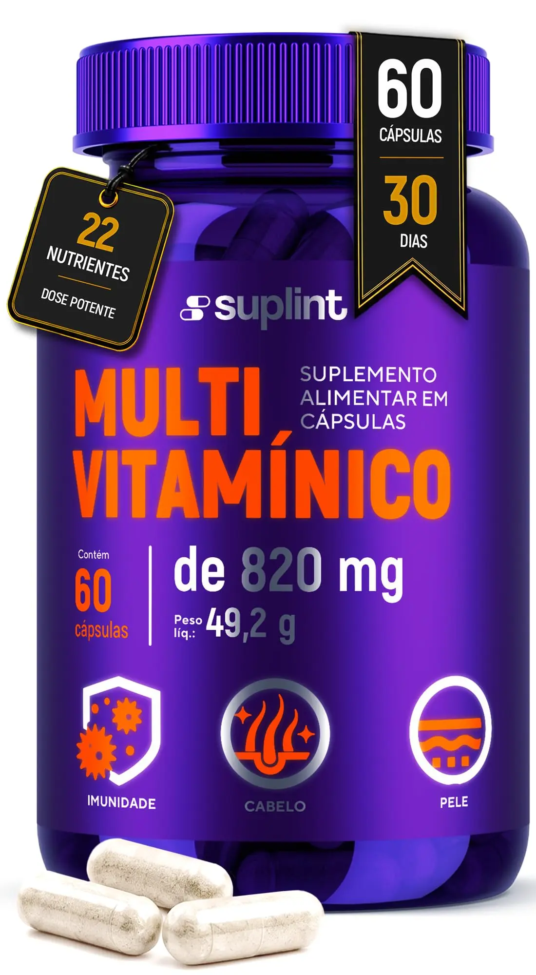 Multivitamínico com Vitaminas A, C, D, E, K e Complexo B + Zinco, Ferro e Cromo – Imunidade, Cabelo e Pele – Sem Glúten – 60 Cápsulas