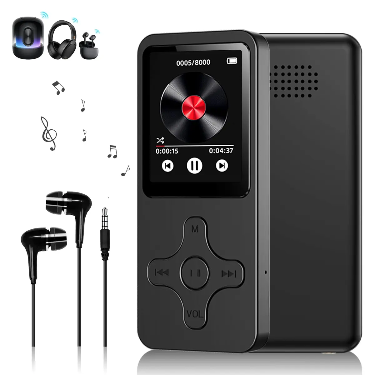 MP3 Player Bluetooth Portátil, MP3 MP4 Player Bluetooth Reprodução de Música Alto-Falante Embutido, Rádio FM, Gravador de Voz, Preto