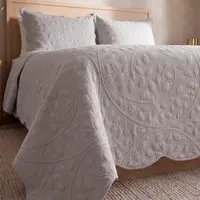 Kit Cobre Leito Vintage Casal Percal 300 Fios Colcha Matelassê Floral Alto Relevo 3 Peças Cinza