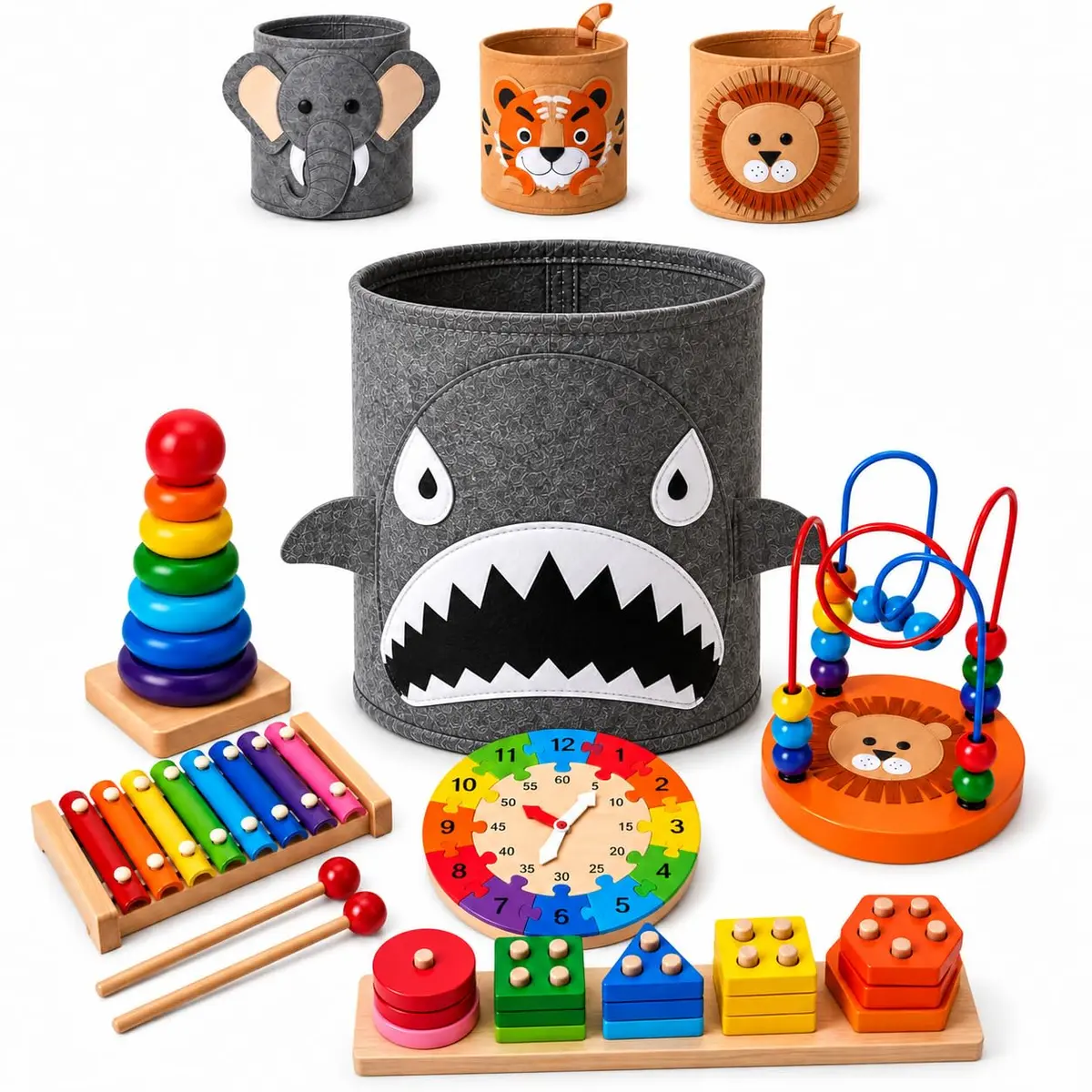 Kit Educativo Montessori 6 em 1 de Madeira com Organizador (Aleatório) | Organizador Aleatório - Torre - Xilofone - Relógio - Encaixe Formas - Ábaco