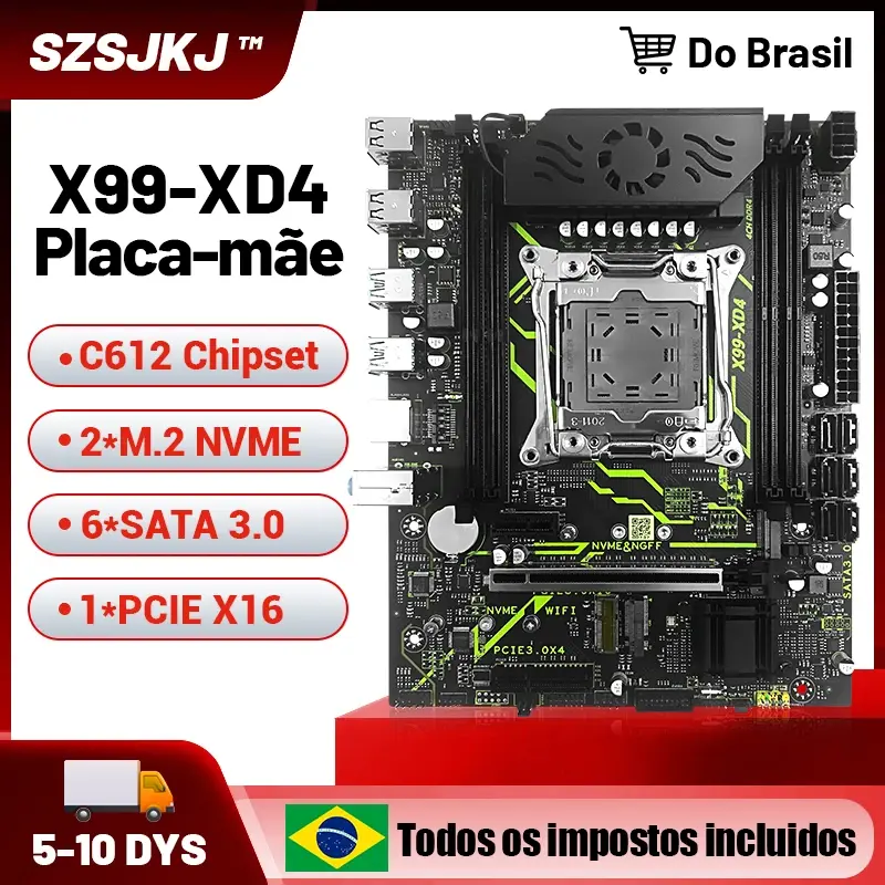 SZSJKJ X99 Kit de placa-mãe LGA2011-3 Slot C612 Chipset M.2 NVME USB3.0 com CPU Xeon E5 2682 com suporte a memória DDR4 TPM2.0