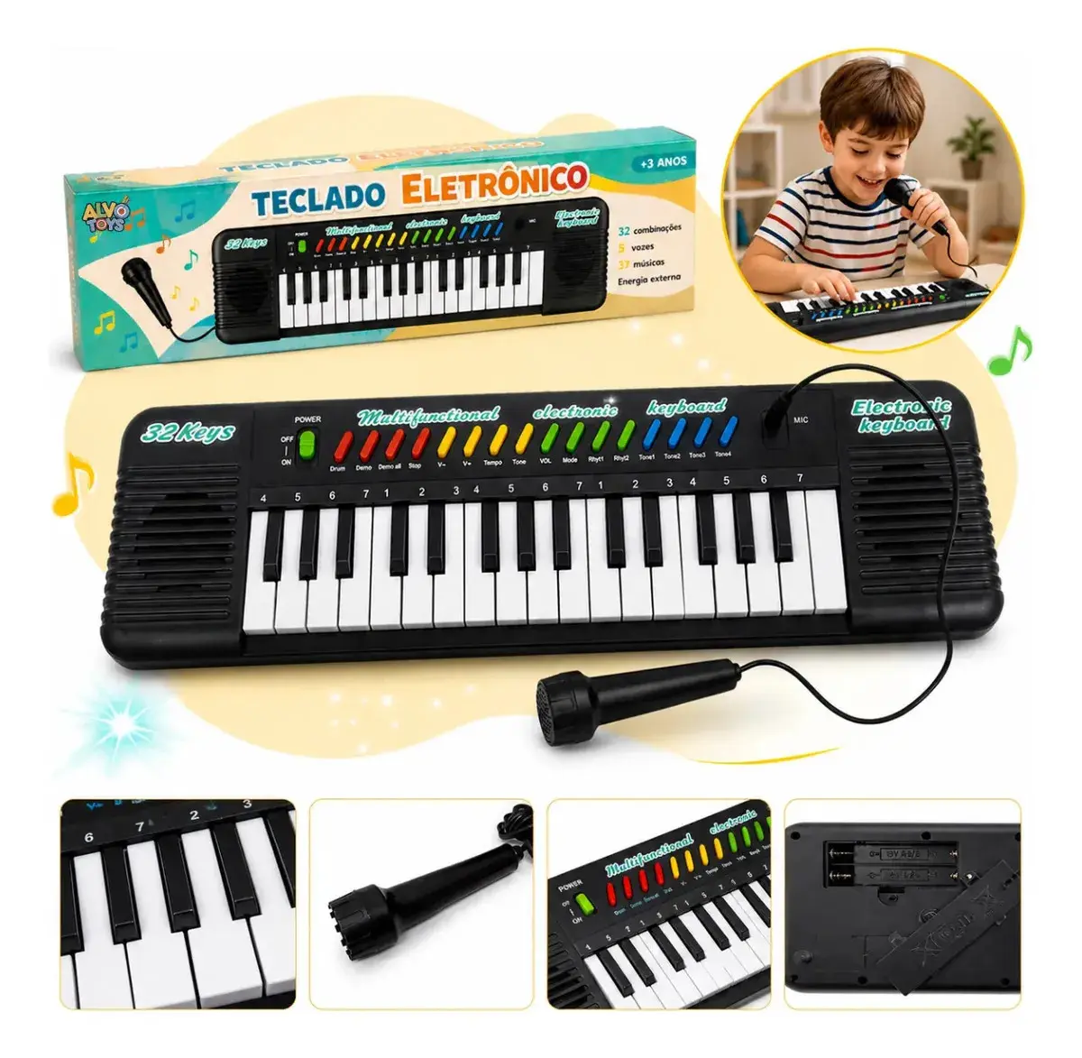 Teclado Infantil Alvo Toys com Microfone, Piano de 32 Teclas em Preto