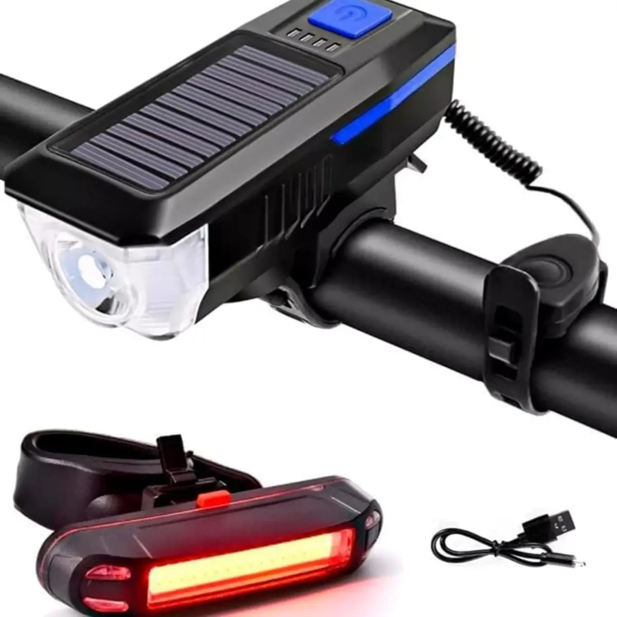 kit Lanterna Solar P/Bike Bicicleta com Buzina Potente Recarregável 3 modos de Luz + Sinalizador Traseiro Recarregável USB para Bicicleta -Vende Mais