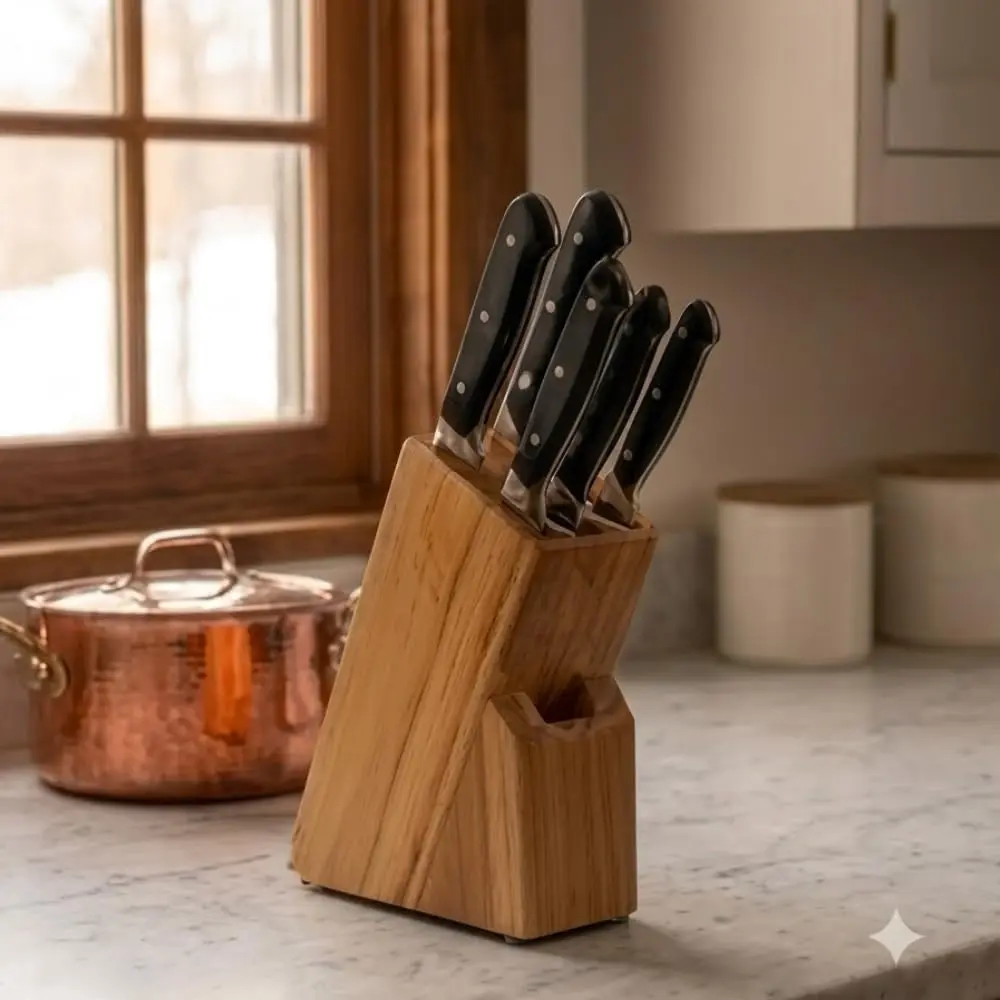 Jogo de Facas de Cozinha Profissional em Aço Inox 6 Peças com Cepo Suporte de Madeira - Conjunto de Facas Afiadas para Churrasco, Carnes, Legumes e Pães com Cabo