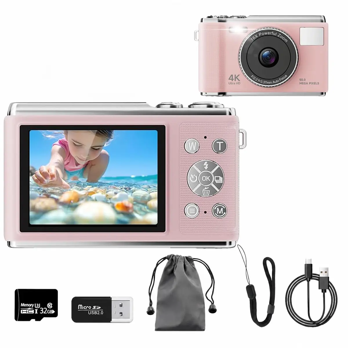 Câmera Digital 4K para Fotografia, 4K Ultra HD Câmeras Digitais Compactas, Zoom Digital 16X, Flash, Câmera Vlogging de 50 MP, para Iniciantes, Jovens e Viagens