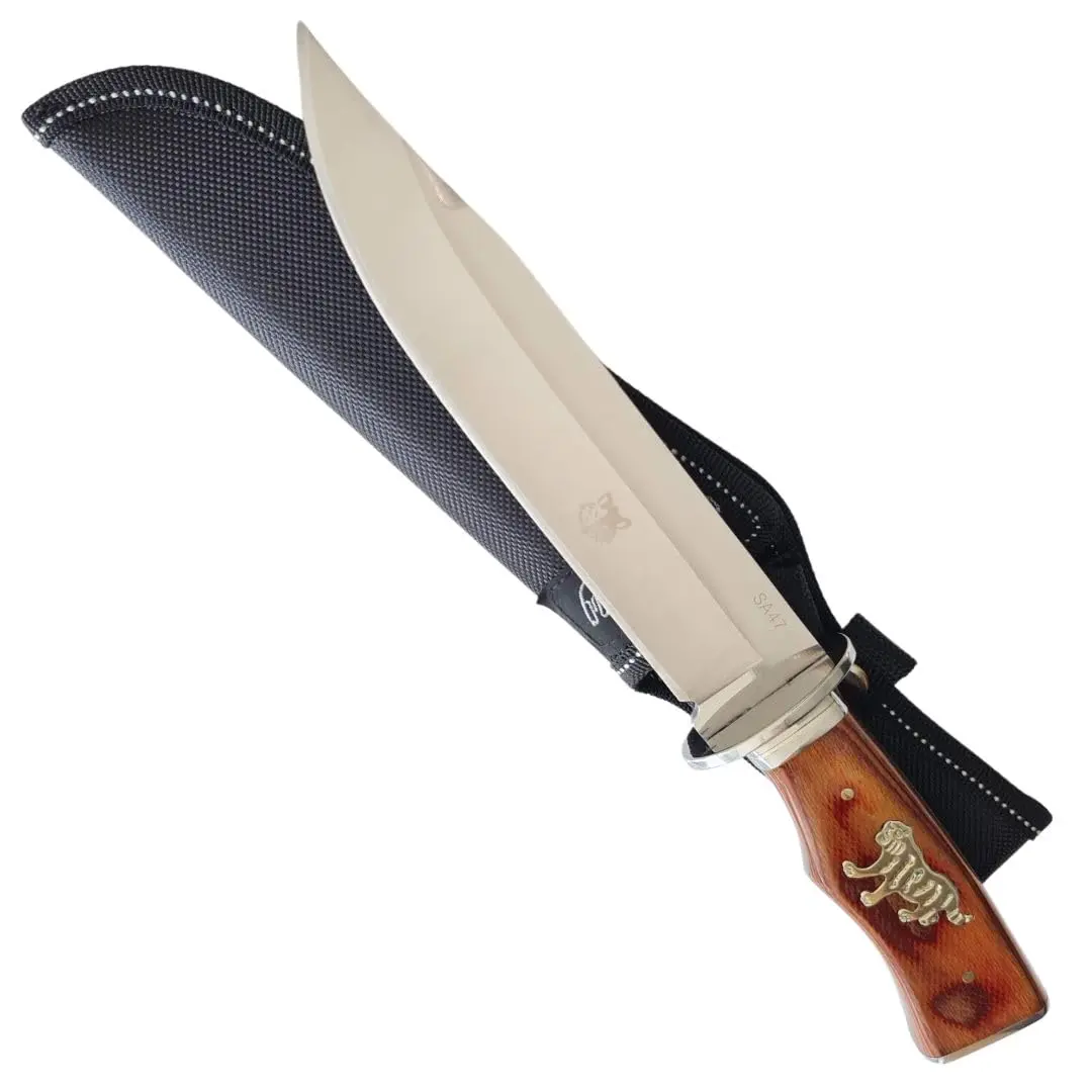 FACAS FR Faca Lâmina Fixa Aço Inox 31cm Cabo Madeira com Bainha Napa | Lâmina inox 19,5cm afiada guarda metálica cabo madeira ergonômico 500g bainha napa com trava para churrasco camping e