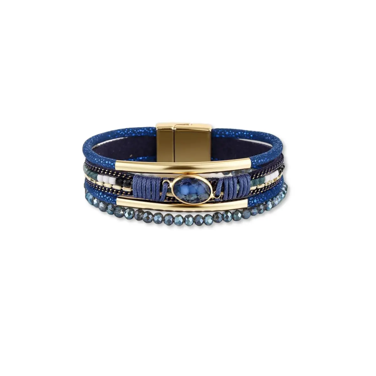 Pulseira Feminina Couro Multicamadas Azul com Pedras Brilhantes e Detalhes Dourados Estilo Boho Elegante Bracelete Ajuste Confortável para Looks Casuais e Sofisticados (19,5cm comprimento) - 1