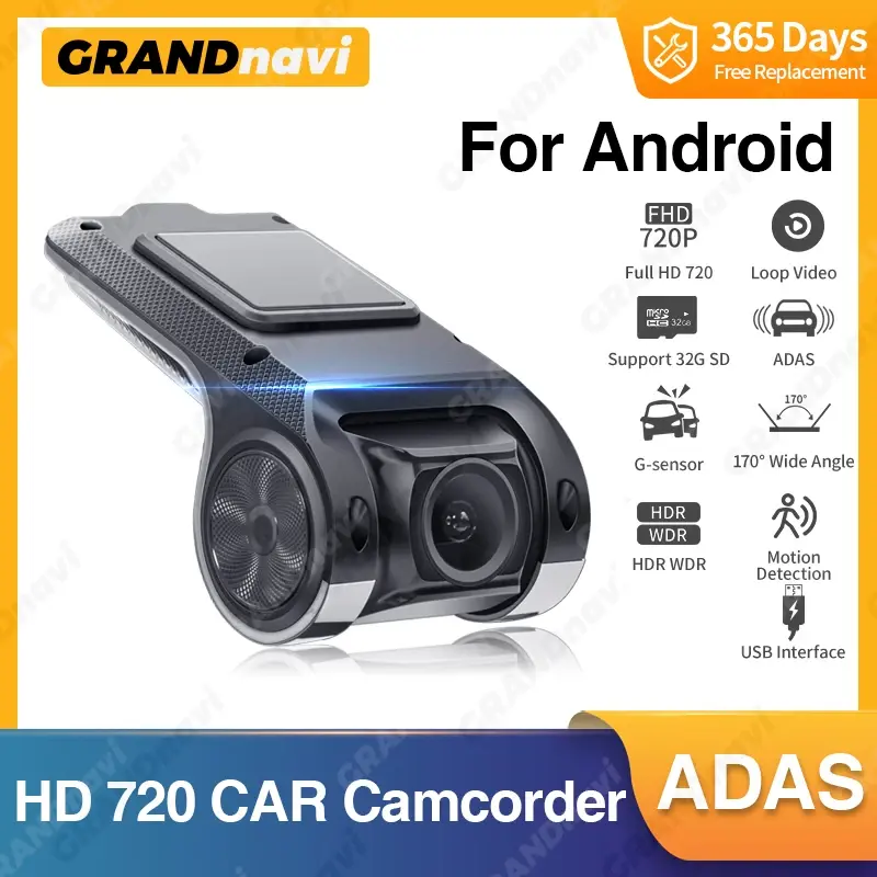 Grandnavi-HD carro DVR Dash Cam, ADAS vídeo, 720P, USB TF cartão, 16G, 32G, gravador automático para Android, leitor multimídia, DVD, alarme de voz