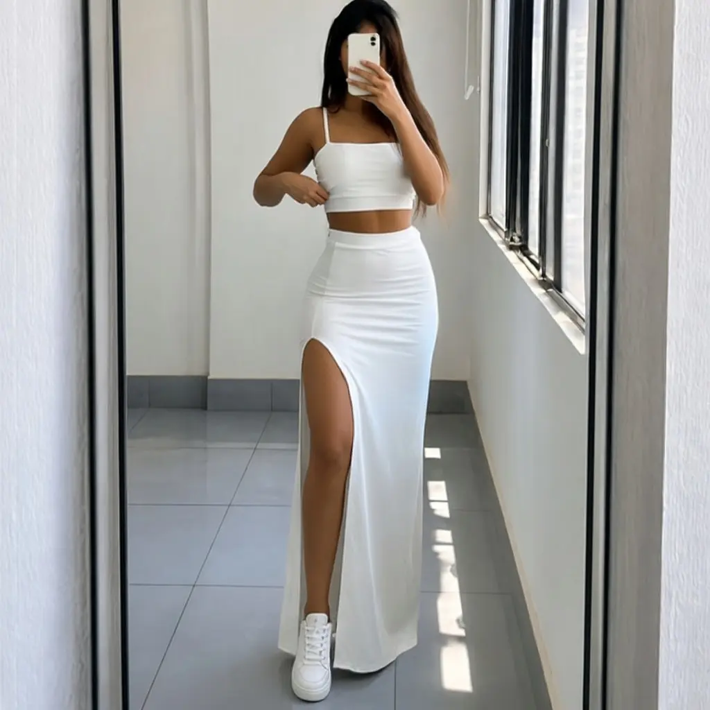 Conjunto Feminino Saia Longa e Cropped Alcinha Com Fenda Varias Cores Moda Blogueira