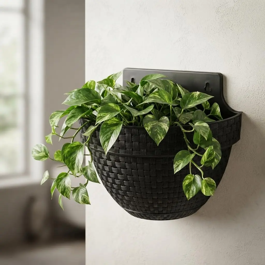 Vaso de Parede Meia Lua Rattan Preto 3 Litros para Plantas e Flores