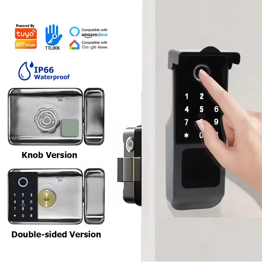 Fechadura inteligente tuya ip66, à prova d'água, wi-fi, fechadura dupla com impressão digital, portão externo, senha digital, aplicativo remoto, fechadura eletrônica de aro para casa - 1