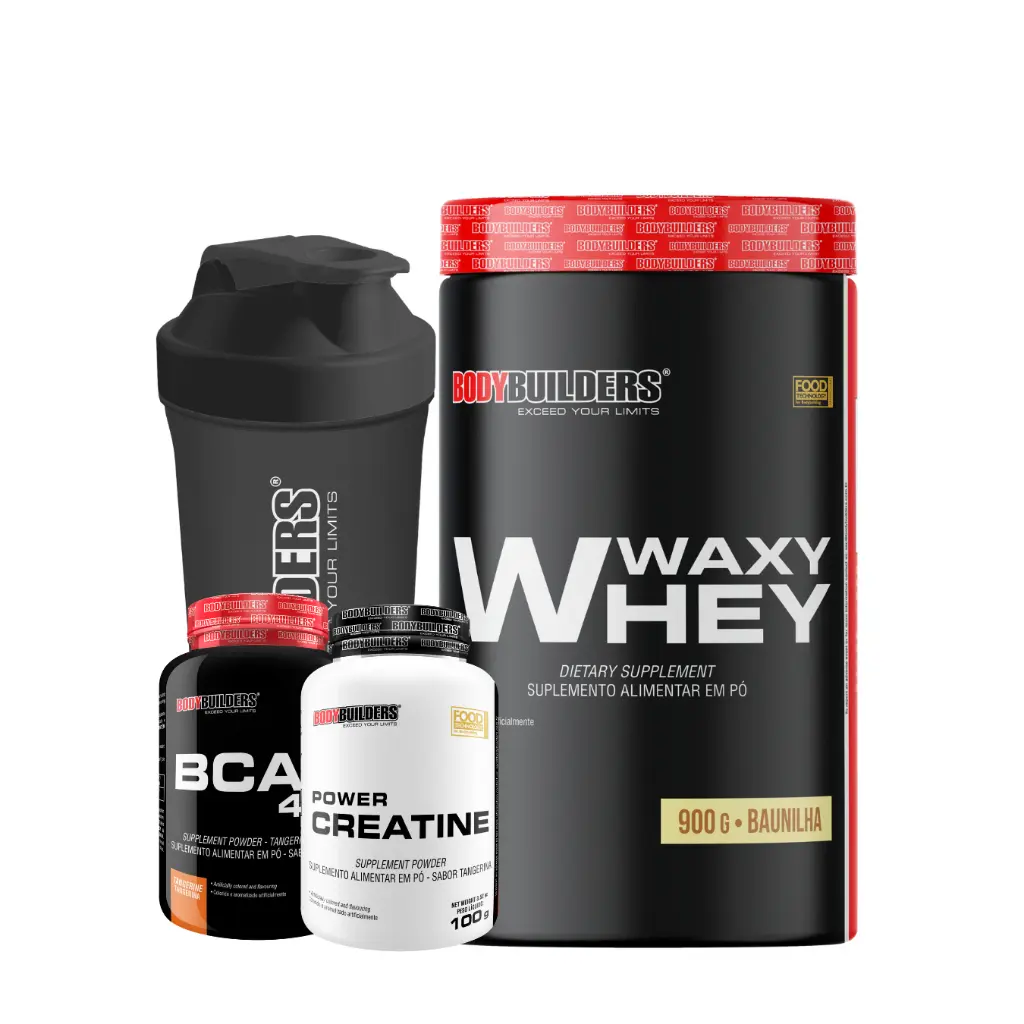 Kit Waxy Whey 900g + BCAA 4,5g 100g + Power Creatina 100g + Coqueteleira 600ml - Bodybuilders