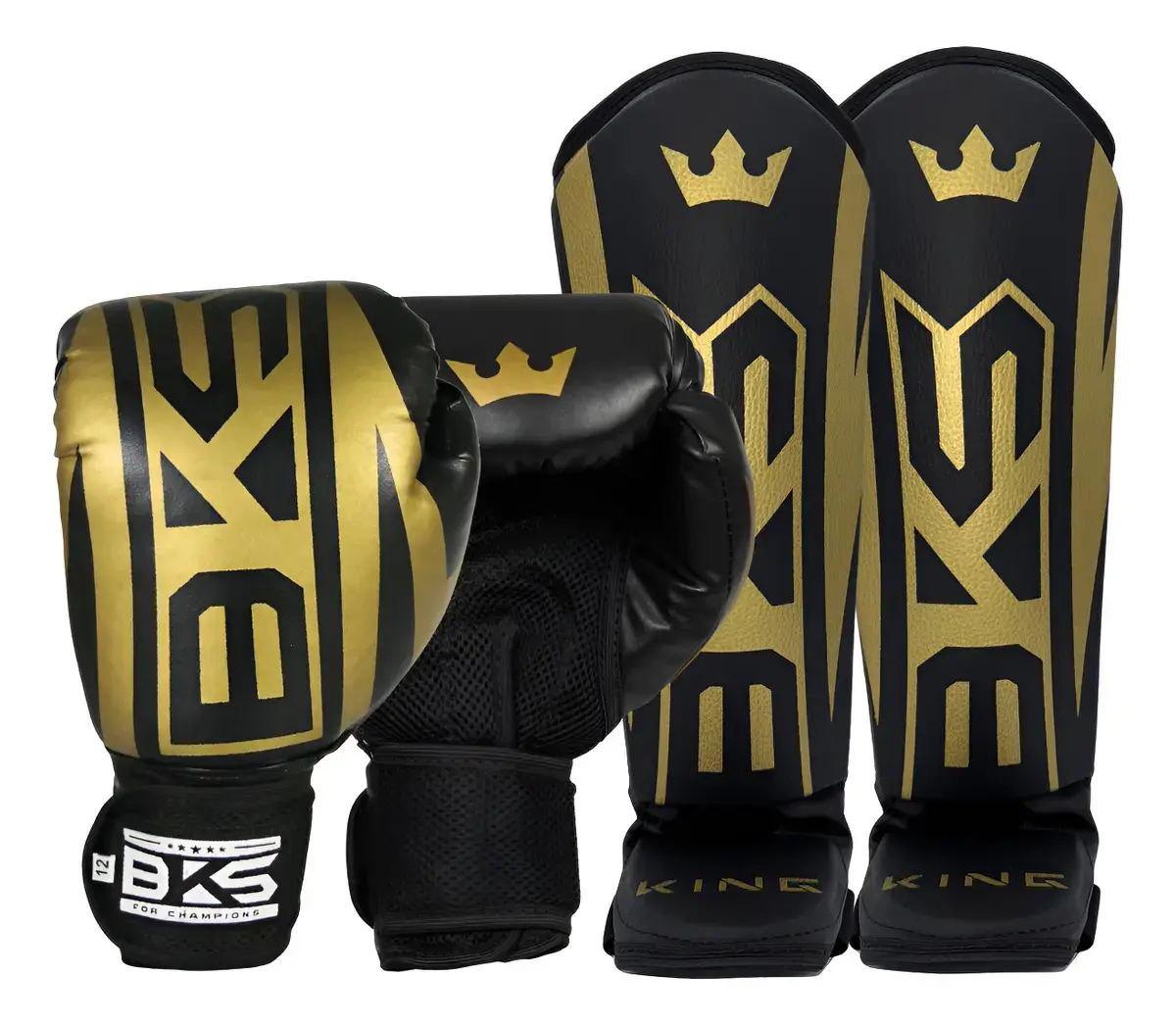 Luva Muay Thai Boxe Kickboxing Sparring + Caneleira Bks Cor Dourado Tamanho 14oz - 1