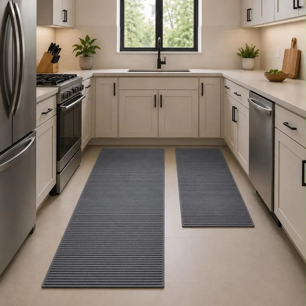 Kit 2 Tapetes Passadeira Emborrachado Antiderrapante 1,20m e 0,50m x 43cm | Resistente à água, fácil de limpar, uso em cozinha, corredor, área de serviço e comércio; bordas reforçadas texturizadas