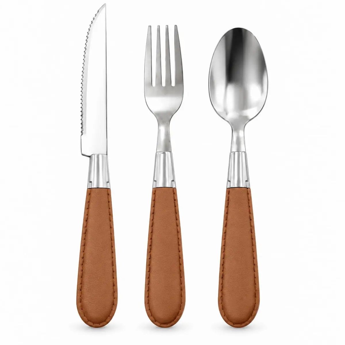 Jogo de Talheres Inox 18 Peças com Cabo Imitação Couro (Marrom/Caramelo) | 6 Facas, 6 Garfos, 6 Colheres, Visual Sofisticado, Ideal para o Dia a Dia, Inox Resistente