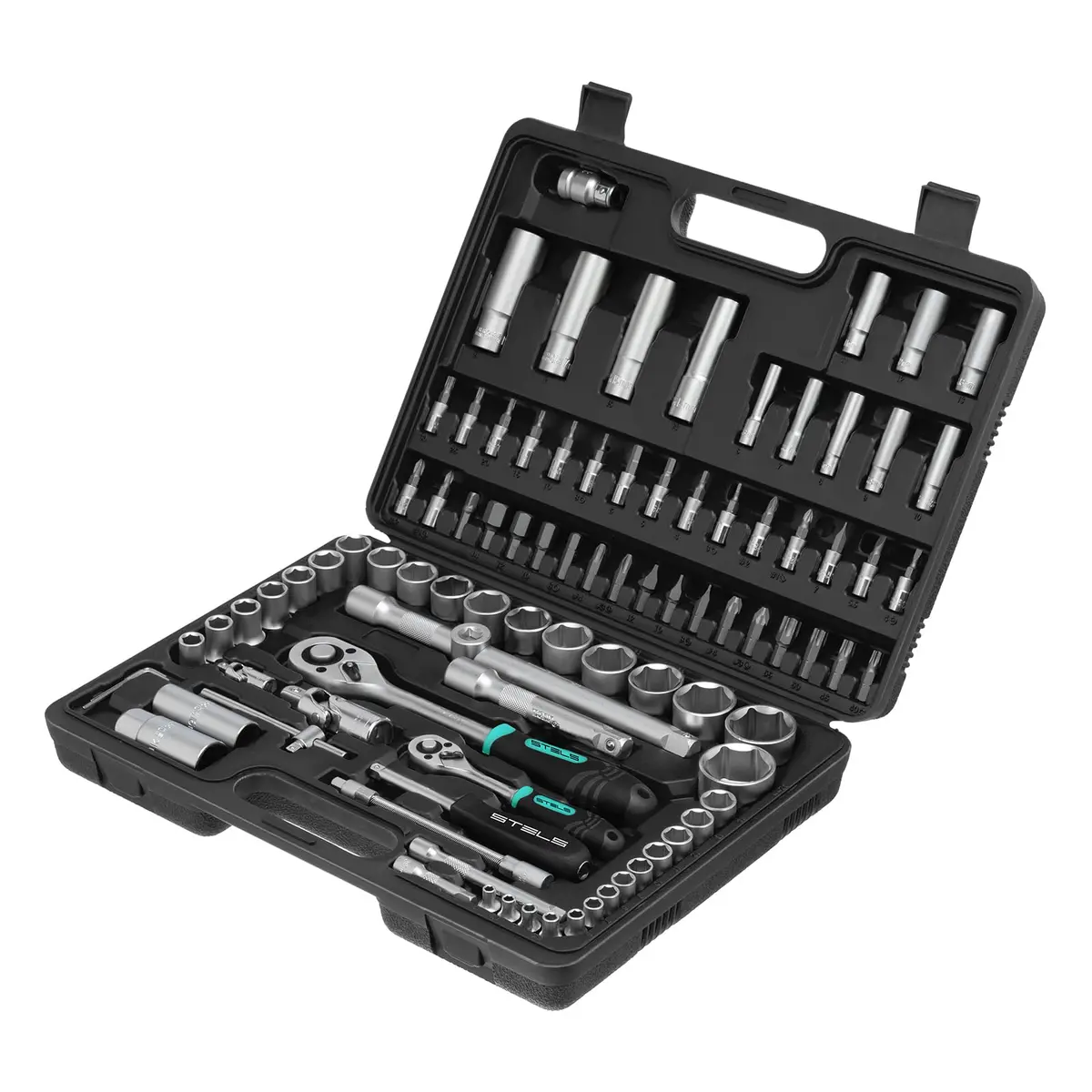 STELS Jogo De Soquetes 94 Peças Encaixe 1/4 E 1/2 Pol Em Aço Cromo Vanádio Com Catraca Reversível Emborrachada Extensões Chaves Allen E Bits Kit Completo Para Reparos Automotivos E Manutenção