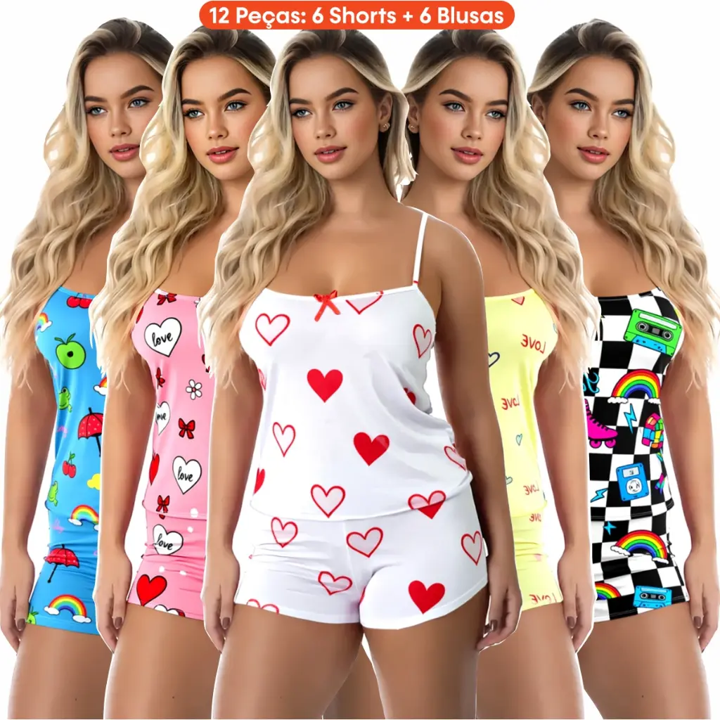 Kit 12 Peças (6 Conjuntos) Pijama Feminino Baby Doll Short Doll Roupa Dormir 6 Shorts+ 6 Blusas - 1