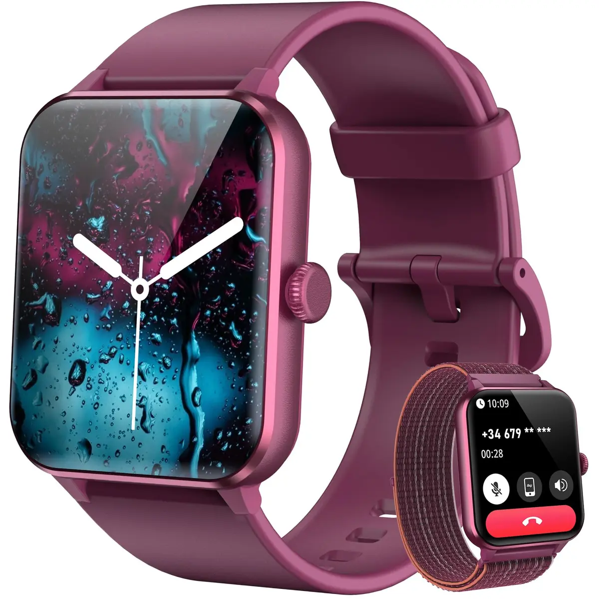 IOWODO Relógio Smartwatch 1.85" com Chamadas Bluetooth - 2 Pulseiras, 100+ Modos Esportivos, Assistente de Voz, Bateria Longa Duração - iPhone/Android(Clarete)