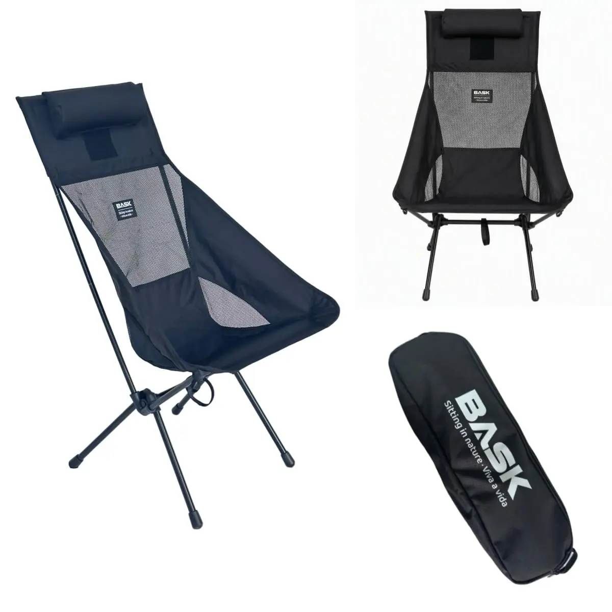 BASK Daydream Cadeira Premium Dobrável com Encosto Alto e Travesseiro – Extra Grande, Estrutura em Alumínio Resistente (150kg) – Portátil para Camping, Pesca, Praia e Lazer – Preto