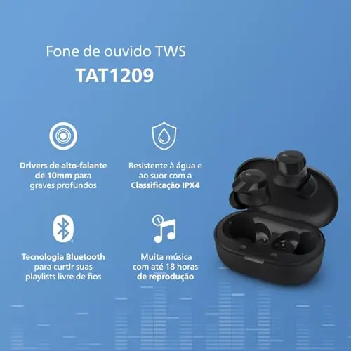 Fone de ouvido sem fio TWS Philips TAT1209BK/00 na cor preto, com bluetooth, microfone, tecnologia IPX4 e 18 horas de reprodução. thumbnail 3