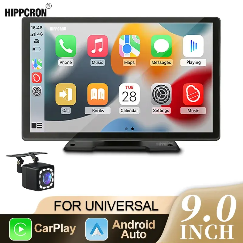 Hipppcron 9 "rádio portátil para carro reprodutor de vídeo multimídia sem fio carplay e android auto ips tela sensível ao toque bt usb tf entrada aux - 1