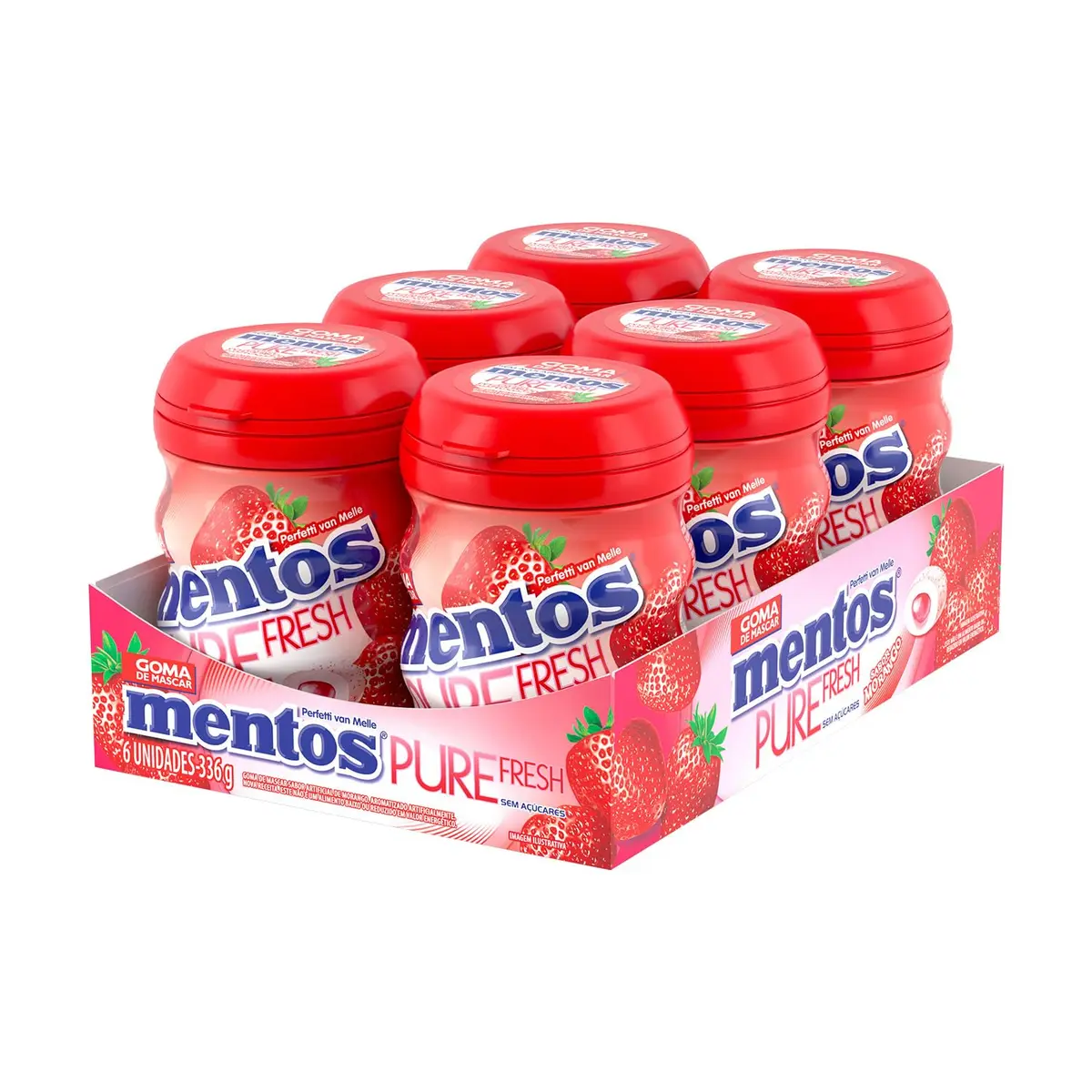 Mentos Pure Fresh Strawberry Gomas de Mascar Sem Açúcar Sabor Morango - Display 336g | 6x56g - 1