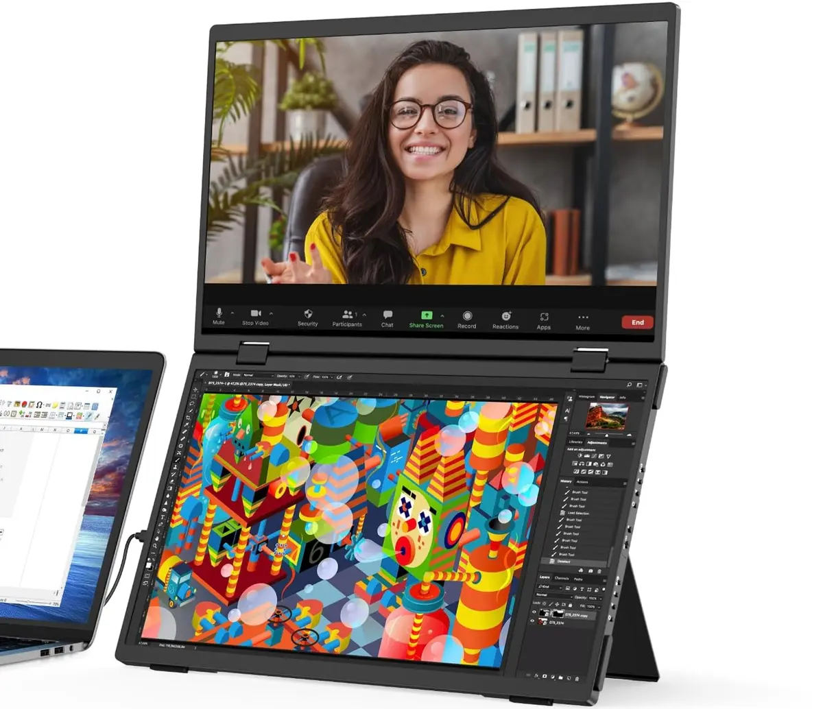 (Windows Only) Triple Laptop Screen Extender, 15,6" 1080P FHD IPS Folding Stacked Portable Monitor, USB C Travel Extended Computer Display w/VESA, 180°Rotation, Plug & Play for PC - 1
