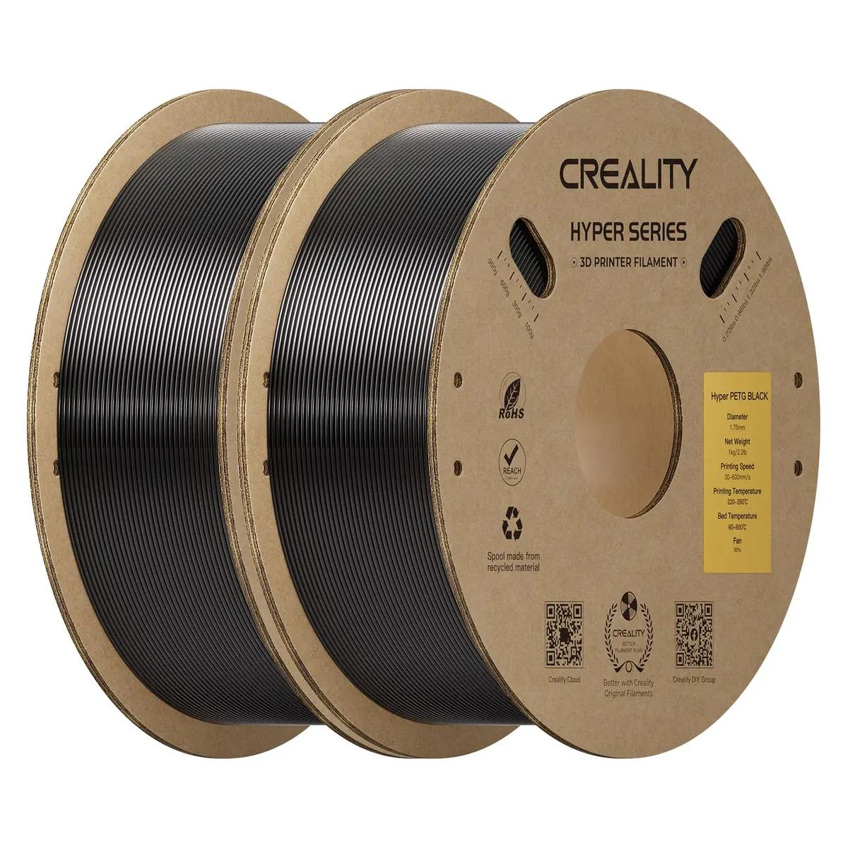 Creality Hyper PETG Conjunto de filamentos de 1,75 mm, 2 kg, alta velocidade de 30 a 600 mm/s, baixo nível de formação de fios, forte aderência entre camadas, precisão de +/- 0,03mm(preto*2)