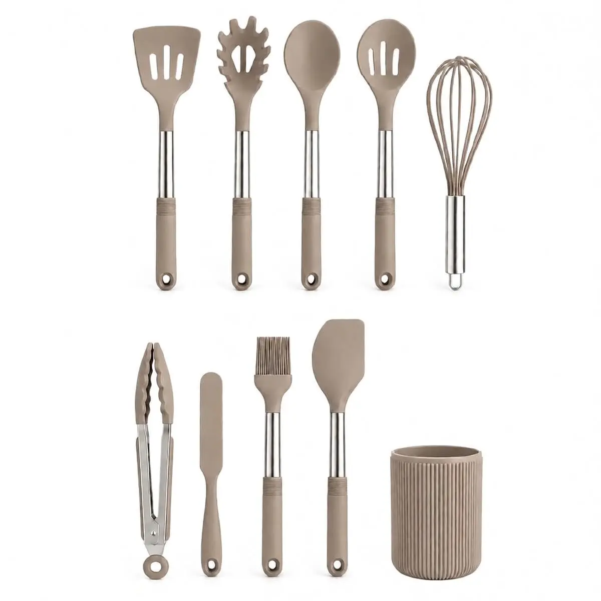 Kit Utensílios de Cozinha 10 Peças Silicone Inox com Suporte | Jogo Cozinha Completo Espátula Colher Concha Pegador (Bege) - 1