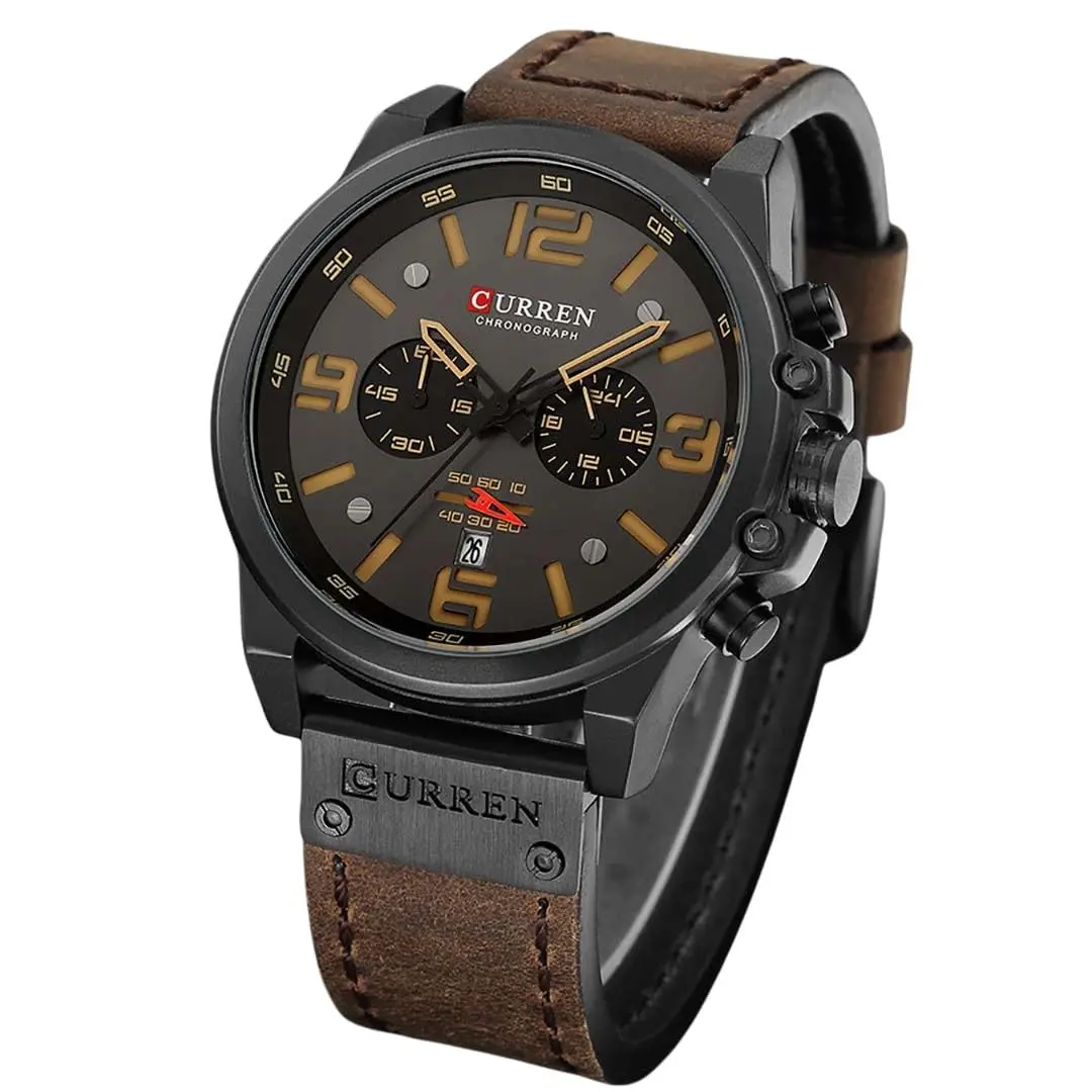 Relógio Masculino "Classic Man" + Caixa Premium – Pulseira de Couro, Visor Hardlex, Cronógrafo, Resistência à Água 3ATM, Estojo Inclusivo