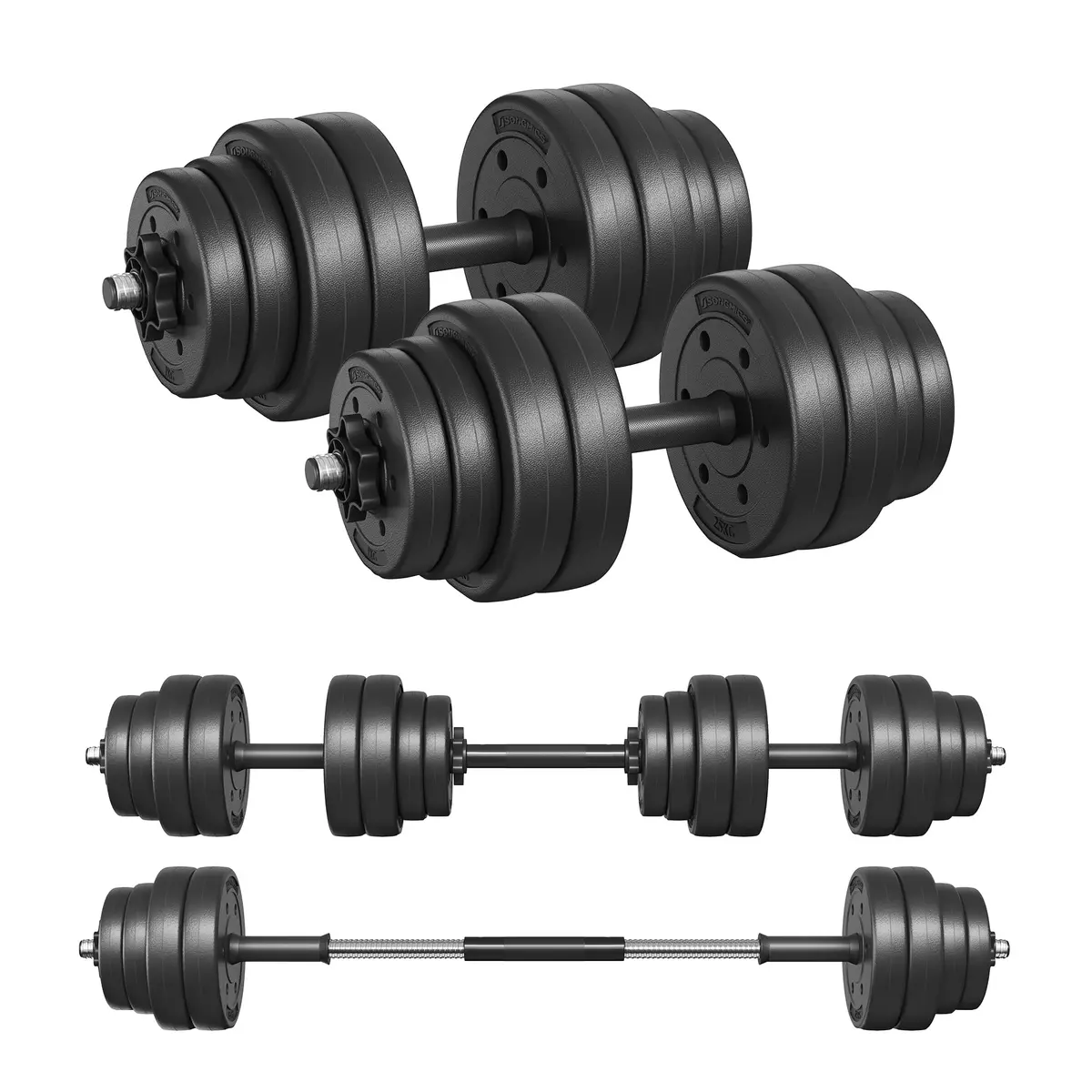SONGMICS Conjunto de Halteres 2 em 1, 2 x 15 kg Halteres Ajustáveis com Barra Adicional para Barra, Anilhas Revestidas de Plástico, Exercício Fitness, Academia em Casa, Preto Tinta BRSYL30HBK